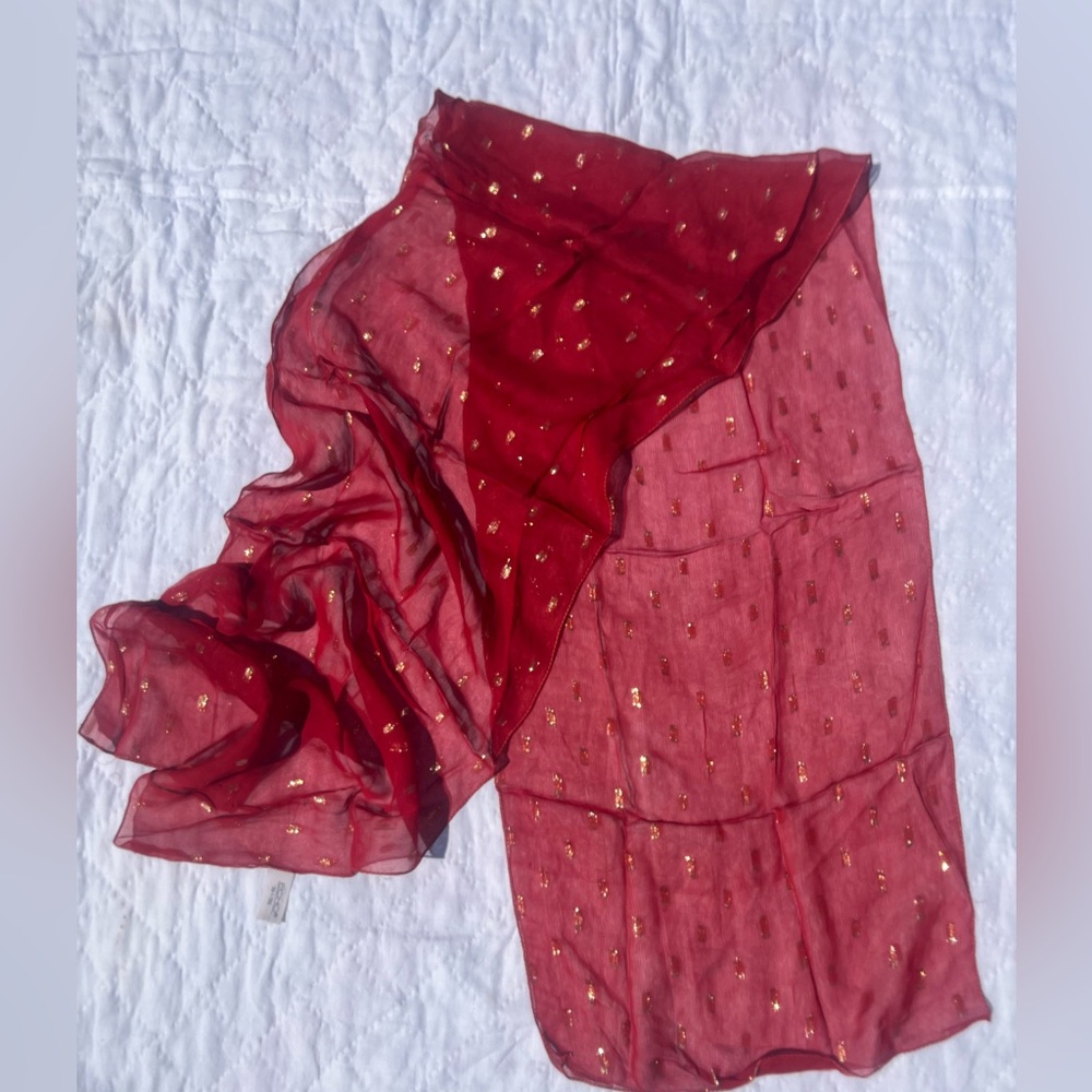 Echo Wine Red Sheer Scarf with Gold Metallic Accents